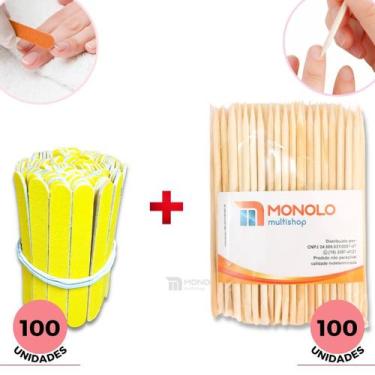 Imagem de Kit 100 Lixas de Unha Mini + 100 Palitos Manicure Pedicure Descartável