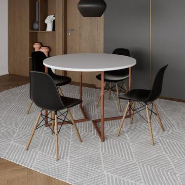 Imagem de Mesa Jantar Industrial Redonda 110cm Branca Base V Cobre com 4 Cadeira