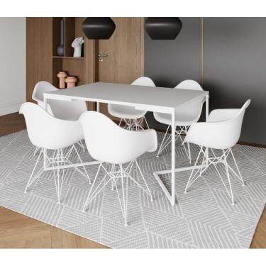 Imagem de Mesa Industrial Jantar Branca 137x90cm Base V com 6 Poltronas Eames Ei