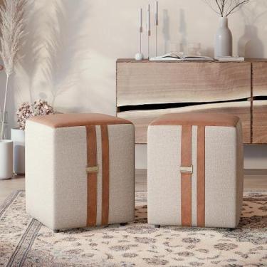 Imagem de Kit Puf Banqueta Quadrado Linho e Couro - Domus cor Bege / Caramelo - 