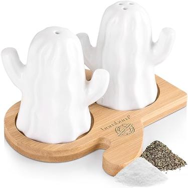 Imagem de Bambum Saleiro e pimenteiro de cacto com bandeja de bambu, conjunto de saleiro e pimenteiro de porcelana - Conjunto de sal e pimenta de cerâmica branca