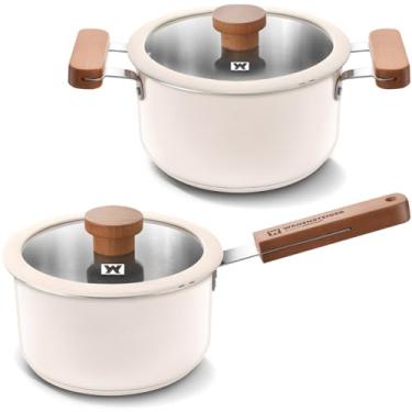 Imagem de Conjunto de 2 peças de panelas de aço inoxidável revestidas de cerâmica com tampa de vidro temperado e alças de madeira, base de 3 camadas com núcleo de alumínio, todos os cooktops, panela de cor bege