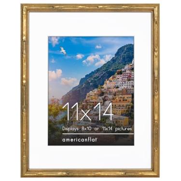 Imagem de Americanflat Porta-retrato de 28 x 35 cm com design de bambu - Moldura dourada de bambu com vidro resistente a estilhaços - Use como moldura de 20 x 25 cm com tapete ou moldura de 28 x 35 cm sem
