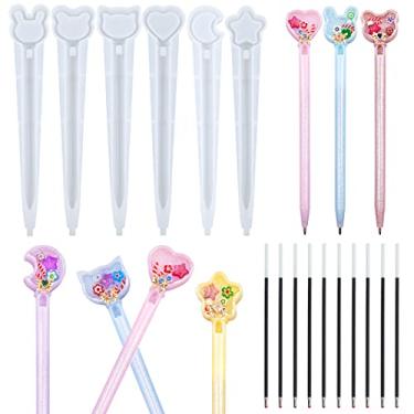 Imagem de DIYBravo 6 peças de moldes fofos de resina de silicone, estrela, urso, gato, coelho, lua, coração, cabeça, caneta de resina epóxi UV, moldes de fundição com 10 refis pretos para artesanato Kawaii
