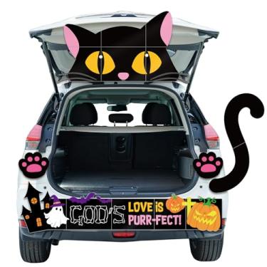 Imagem de Seajan Kit de decoração de porta-malas ou petiscos religiosos de Halloween para decoração de porta-malas ou travessuras de gato preto cristão para carro, SUV, arco, porta de garagem, decoração de