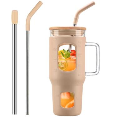 Imagem de WINSA Copo de vidro com tampa, copo de vidro de 946 ml com alça, garrafas de água de vidro com marcador de tempo, 2 canudos - palha pérola e capa protetora de silicone - âmbar