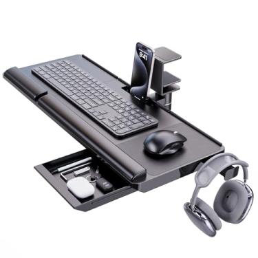 Imagem de Bandeja de teclado Klearlook embaixo da mesa com rotação de 360°, bandeja ergonômica para teclado e mouse 61 cm L × 25 cm P suporte para teclado de mesa com descanso de pulso e gaveta de armazenamento
