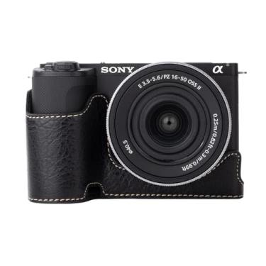 Imagem de Rieibi Capa para câmera, meia capa de couro PU para Sony ZV-E10 ii, capa protetora para Sony ZV-E10 II, capa para Sony ZVE10 ii com versão de abertura inferior e design de mão