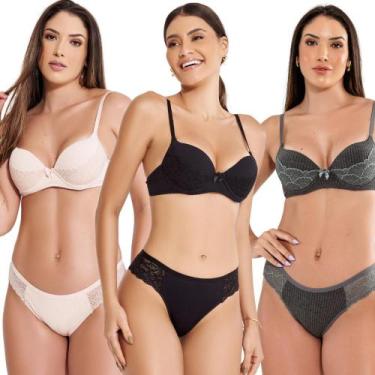 Imagem de Kit c/3 conjunto lingerie canelado sexy com bojo e renda - ALTIE, GG