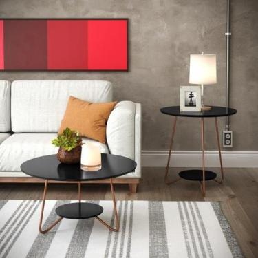 Imagem de Conjunto Mesa Centro + Lateral Mdf Pés Ferro Retrô Preto - EJ Móveis