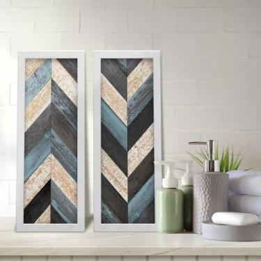 Imagem de Kit 2 Quadros Decorativos Lavabo Madeira Chevron Preto Azul Ripas - De