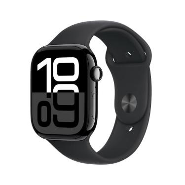 Imagem de Apple Watch Series 10 GPS + Cellular • Caixa preta brilhante de alumínio – 46 mm • Pulseira esportiva preta – M/G