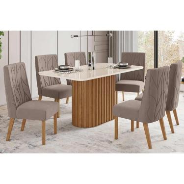 Imagem de Kit 6 Cadeiras Sala Jantar Solana c/ Tampo Madeirado c/ Vidro Curvo 200x90cm e 8 Cadeiras Eloá Nature/Suede Light Marrom Amêndoa - Henn