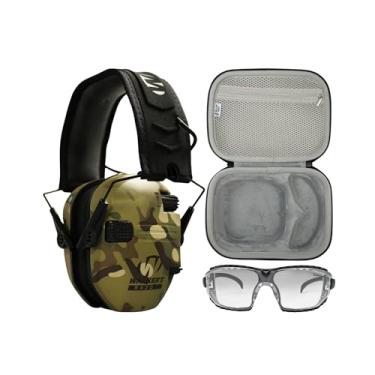 Imagem de Walkers Protetor auditivo eletrônico Razor Slim com redução de ruído (camuflagem multicam) pacote com estojo de óculos de segurança e óculos de proteção (3 itens)