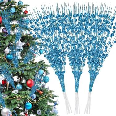 Imagem de Palonu 32 peças de hastes artificiais azuis de frutas silvestres com purpurina, 43 cm, palitos decorativos de glíter, enfeites de árvore de Natal para bricolage, guirlanda de Natal, artesanato,