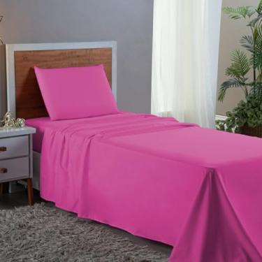 Imagem de Jogo de Cama Box Solteiro 400 Fios Extra Macio Hotel Pousada 3 Peças Conjunto Lençol com Elástico (Pink)