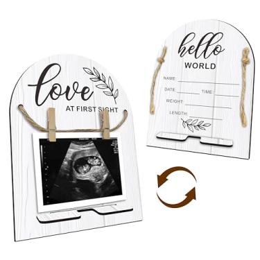 Imagem de Placa de madeira Hello World Baby Recém-nascido - Moldura de ultrassom com suporte - Placa de anúncio de bebê inacabada com impressão dupla face - Quadro de marcos de bebê e presente de gravidez