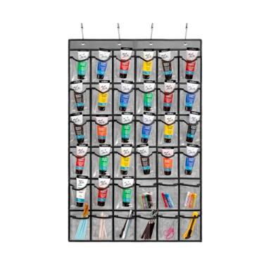 Imagem de TEMUORG Organizador de tubos de tinta acrílica pendurados sobre a porta suprimentos de arte marcadores de armazenamento com 36 bolsos para pastéis giz de cera pincéis ferramentas (cinza)