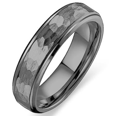 Imagem de Adreamz Anéis de casamento masculinos de carboneto de tungstênio martelado de 6 mm, aliança de casamento martelada preta e borda escovada, Carboneto de tungstênio 11