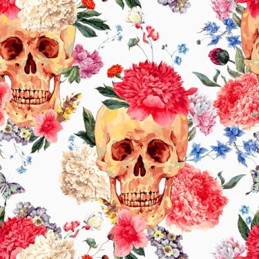 Imagem de Mangoloo Papel de parede floral vermelho descascar e colar crânio papel de parede floral moderno papel de contato floral branco para armários parede de banheiro 44,5 cm x 259,1 cm papel de parede