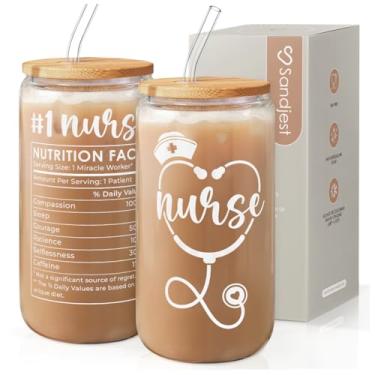 Imagem de Garrafa de vidro para enfermeira, copo de vidro com tampa e canudo, lata de vidro estética de café gelado, presente ideal para Natal, Dia de Ação de Graças, aniversário, semana da enfermeira,