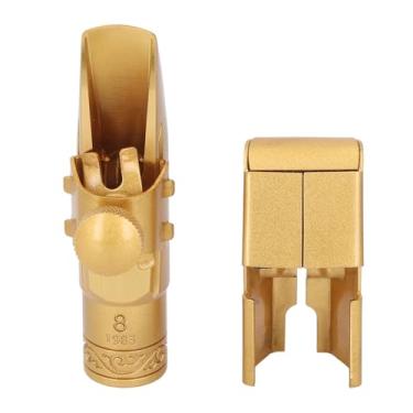 Imagem de Boquilha para saxofone soprano, boquilha para saxofone B-flat 8C de latão com ligadura de tampa para profissionais e iniciantes, som potente, tampa deslizante banhada a ouro fosco