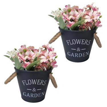 Imagem de Kit 2 Vasos Decorativos com Flores Artificiais, Vasinho Preto com Alças de Juta, Arranjo de Margaridas Rosa