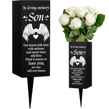 Imagem de WEBEEDY Son Cemetery Vases de metal cemitério vasos para túmulos com pontas asas padrão de coração Son Memorial Grave Vases preto Sympathy Cemitery Placa de memória, 8 x 20 cm/3,15 x 7,87 polegadas