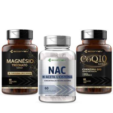 Imagem de Kit Magnesio Treonato L- Tirosina + Coenzima Q10 200Mg + Nac 600mg 180Cáps - Ecomev