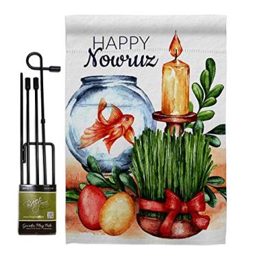 Imagem de Ornament Collection Nowruz Conjunto de bandeiras de jardim com suporte religioso persa Ano Novo religião cristã Dia Casa Decoração Banner Pequeno de quintal Dupla face, Feito nos EUA