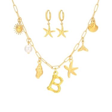 Imagem de Colar com pingente de ouro para mulheres, estrela-do-mar, estrela-do-mar, pingente dourado, verão, praia, grosso, colar, estrela-do-mar, conjunto de brincos, joias de praia para mulheres, Aço