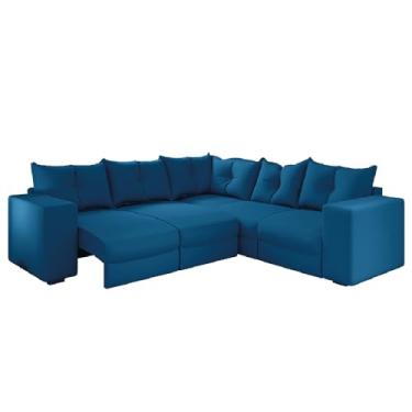 Imagem de Sofá de Canto Retrátil 5 Lugares Veludo New Qatar Azul Selmer