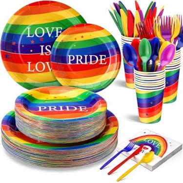 Imagem de FillTouch 350 peças de utensílios de mesa descartáveis para 50 convidados, pratos de papel arco-íris, guardanapos, copos, facas, garfos, colheres para festa do orgulho gay, desfile LGBT, festival