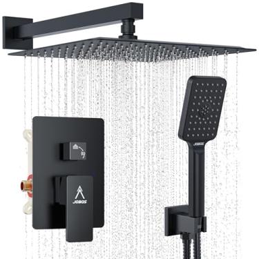 Imagem de JQBQS Sistema de chuveiro Conjunto de torneira de chuveiro de latão de 12 polegadas com misturador de chuveiro de desvio e mão quadrada de alta pressão (12 pol., Preto fosco)