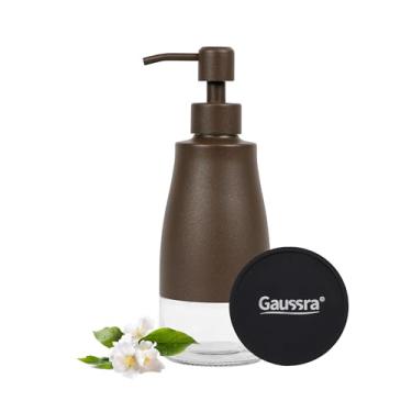 Imagem de Gaussra Dispensador de sabão de bronze com porta-copos e adesivos, dispensador de bomba manual de garrafa de vidro e aço inoxidável, dispensador de sabonete líquido recarregável para banheiro e