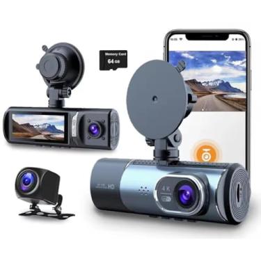 Imagem de Câmera de painel Ultra HD 4K de 3 lentes, Wi-Fi integrado com navegação GPS DVR de carro, visão noturna infravermelha 2160P + 1080P + 1080P, proteção panorâmica de 360 ​​graus Gravador de vídeo