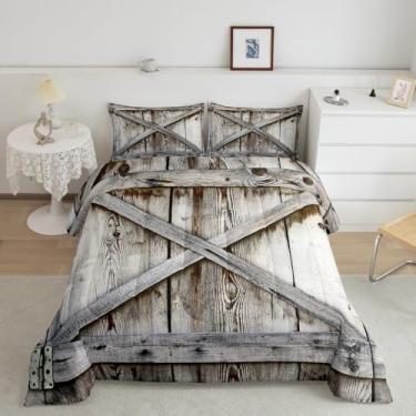 Imagem de Feelyou Conjunto de edredom Queen com porta de madeira, decoração rústica de celeiro para meninos, meninas, adolescentes, casa de fazenda, respirável, conjunto de edredom de arte rural