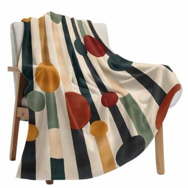 Imagem de Cobertor de lã de arte abstrata moderna para sofá, verde bege tiras vermelhas círculo emenda microfibra macia felpuda aconchegante cobertores leves para casa cama sofá todas as estações 101 x 127 cm