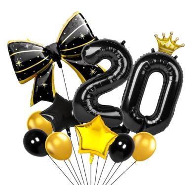 Imagem de Balões pretos e dourados de 101 cm, 20 números, coroa, balões pretos e dourados para decorações de festa de aniversário de 20 anos, suprimentos de decorações de aniversário (20)