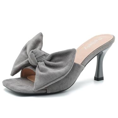 Imagem de Sandália feminina com laço, salto médio e alto, bico quadrado, salto mule, Cinza escuro, 39