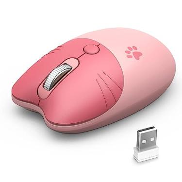 Imagem de Mouse silencioso compacto sem fio com designs fofos de gatos, mouse opático sem fio Plug and Play de 2,4 GHz com nano receptor USB para laptop/PC/computador (gato rosa)
