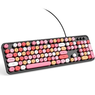 Imagem de KNOWSQT Teclado de computador com fio – Teclas redondas coloridas pretas de tamanho completo, máquina de escrever, teclados fofos para Windows, laptop, PC, desktop, computador