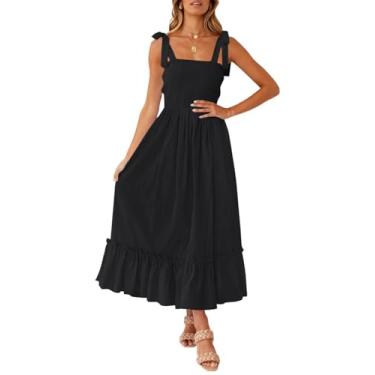 Imagem de ZESICA Vestido longo maxi feminino 2025 verão boho alças finas gola quadrada cor sólida babados linha A praia, Preto, M