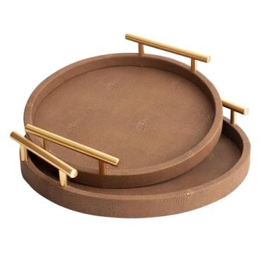 Imagem de UPPER DECOR Conjunto de 2 bandejas redondas de shagreen, bandeja decorativa moderna com alças de metal polido dourado, bandejas para mesa de café, bandejas de perfume, sala de estar, banheiro