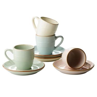 Imagem de famiware Conjunto de 4 xícaras e pires de café expresso Jupiter, caneca de café pequena de cerâmica de 85 g com alça, copo de desmitasse em espiral para chá, latte, café - seguro para micro-ondas e