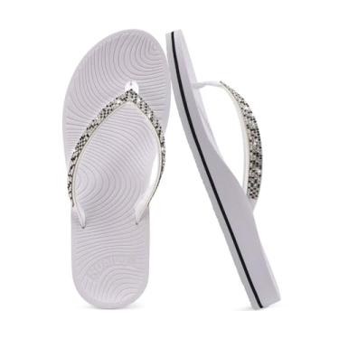 Imagem de KuaiLu Chinelo feminino de strass com suporte de arco confortável tapete de ioga sandálias de almofada moda verão praia viagem ortopédica caminhada tanga sandálias sem cadarço fascite plantar sapatos