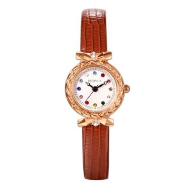 Imagem de JewelryWe Relógio feminino de couro de quartzo: relógios de pulso femininos analógicos pretos com mostrador redondo, pulseira ajustável, marcadores de diamante, pequenos, Marrom