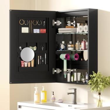 Imagem de LIGMIRR Armário de remédios para banheiro com espelho, armário espelhado preto de 50 × 76 cm com rack de armazenamento de cosméticos, 2 tomadas, espelho de maquiagem de 3 lupas, prateleiras ajustáveis