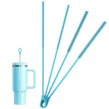 Imagem de Escova de limpeza de palha de silicone - 4 peças de escova de canudo para garrafa de água, tubos de copo com bico, canudos de vidro, reutilizáveis, dobráveis e laváveis na lava-louças, azul