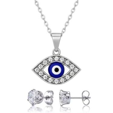 Imagem de Colar Feminino Pingente Olho Grego Cordão E Brincos Aço Inox